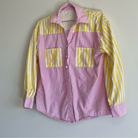 Yellow and Pink Long Sleeve Button Down Shirt Size S.Oversized Cotton LongSleeve - Picture 5 of 7